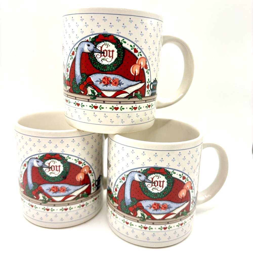 Vintage Trenditions Holiday Joy Country Home Goose Coffee Mugs Set Of 3